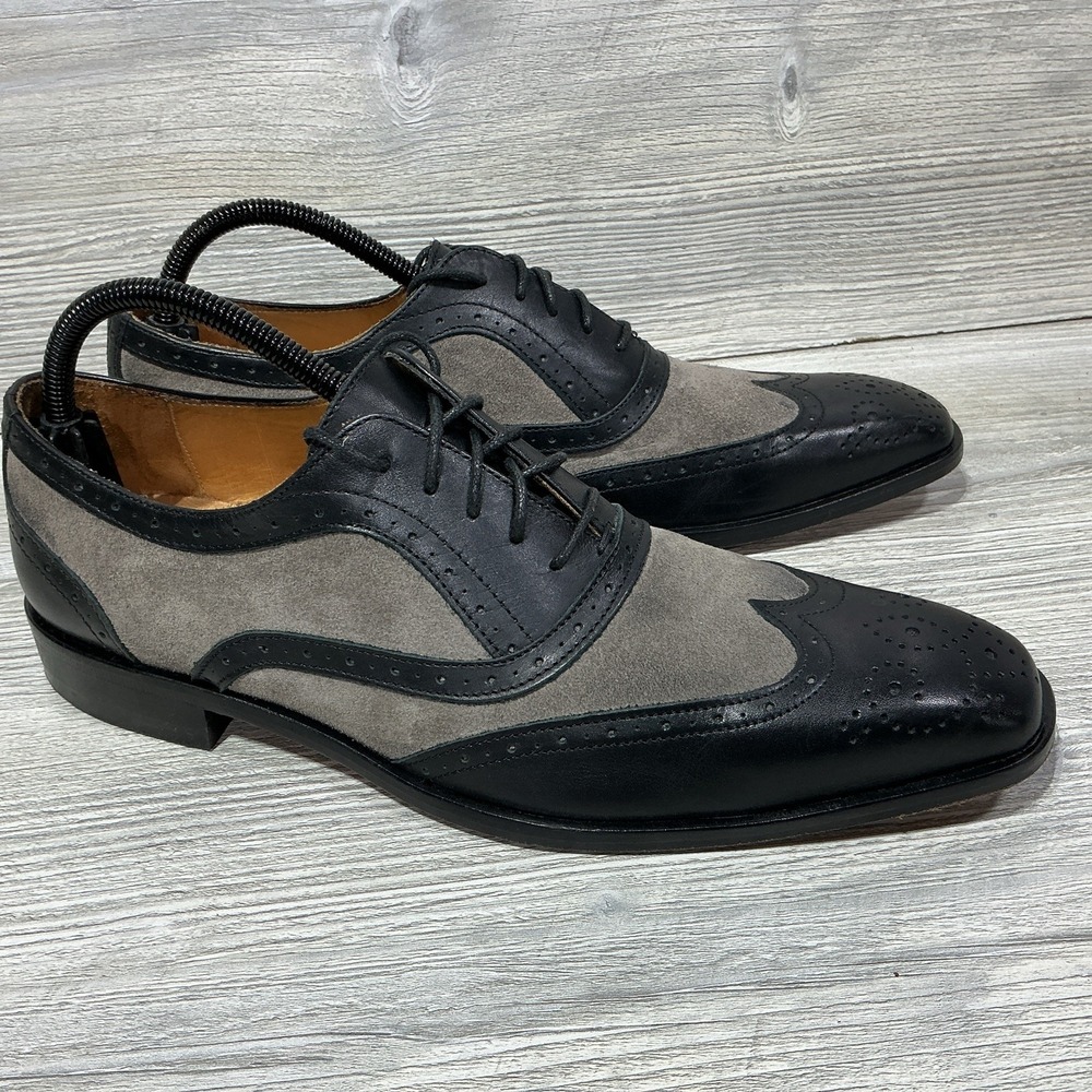 PAUL FREDERICK Italian Mens Black Gray Leather Oxford Shoes Size 8.5 M Italy